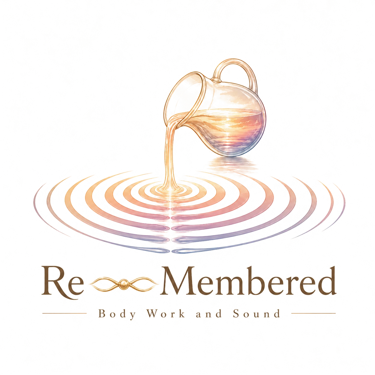 The Re-Membered logo: a glass pitcher pouring water that holds a sunset, ripples spreading beneath, above the name and the words Body Work and Sound